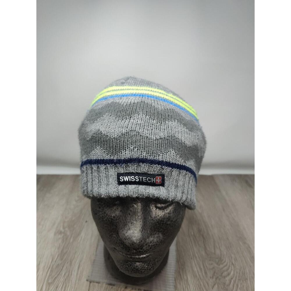 Swiss‎ Tech Beanie Hat Knit Gray Unisex One Size Fleece Lined Blue Green